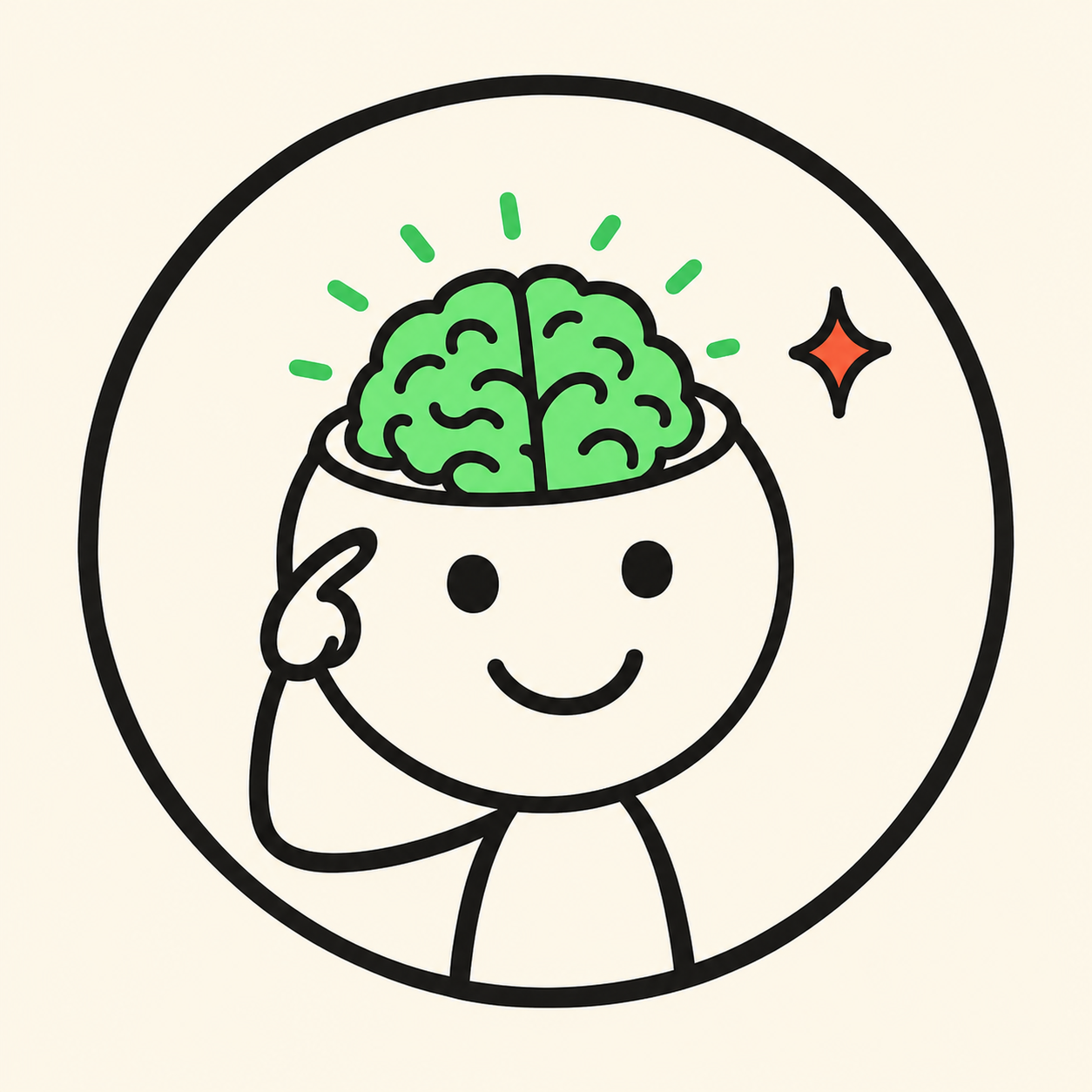 AI Doodles mascot with a bright green brain and a friendly smile